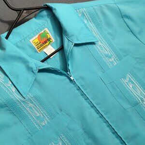 Haband Guayabera Shirt Men's L Blue Zip Up Short Sleeve White Embroidery
